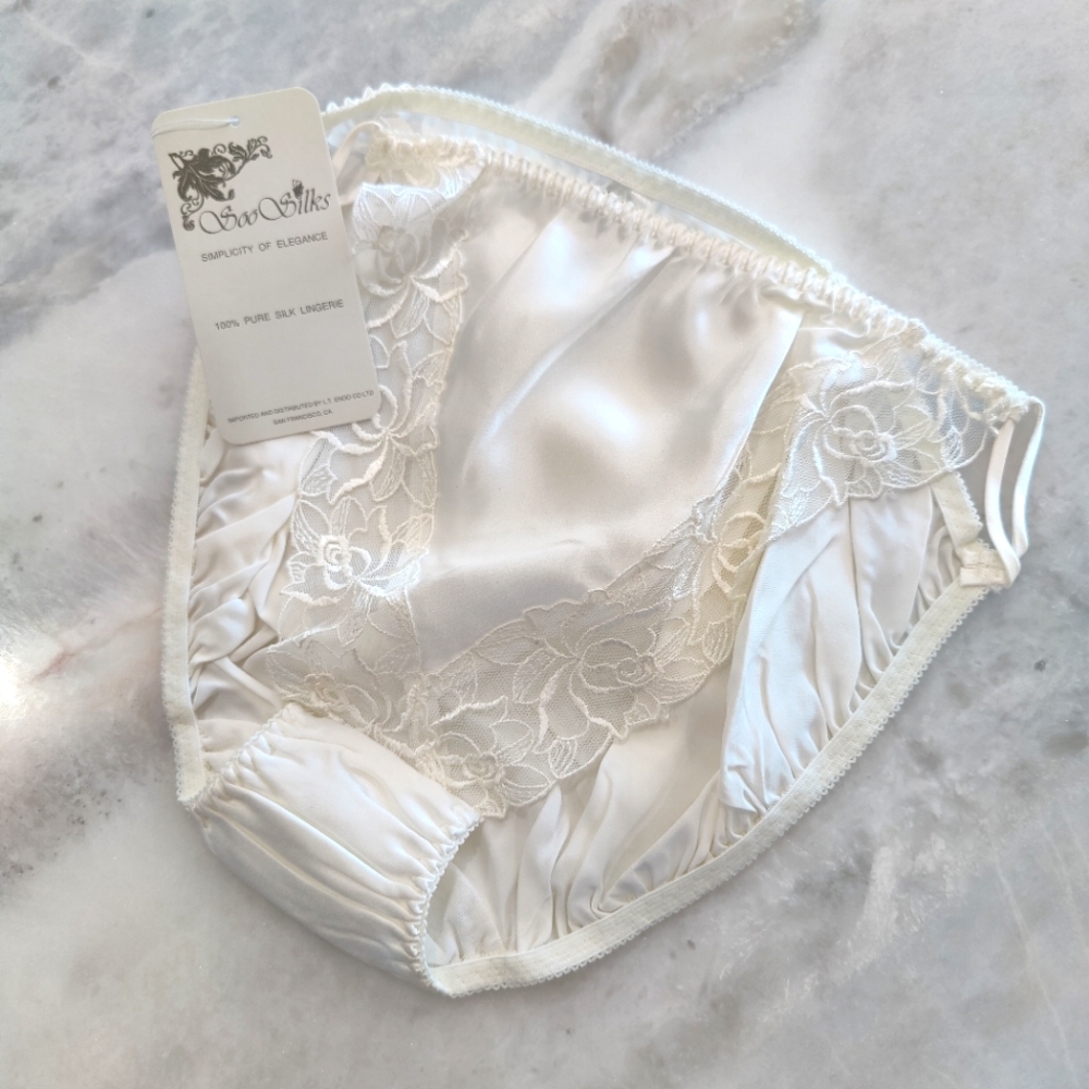 NWT Silk Panties with Floral Lace Trim | Vintage Satin Briefs- Ivory